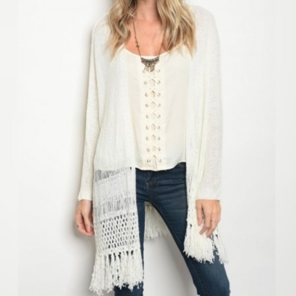 LAST 1! Ivory Knit Fringe Designed Cardigan - Picture 3 of 4